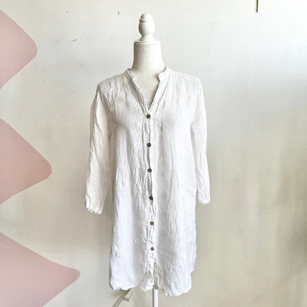 Rosemarine‎ White 100% Linen Dress Embroidered Tunic Boho Cottagecore Small